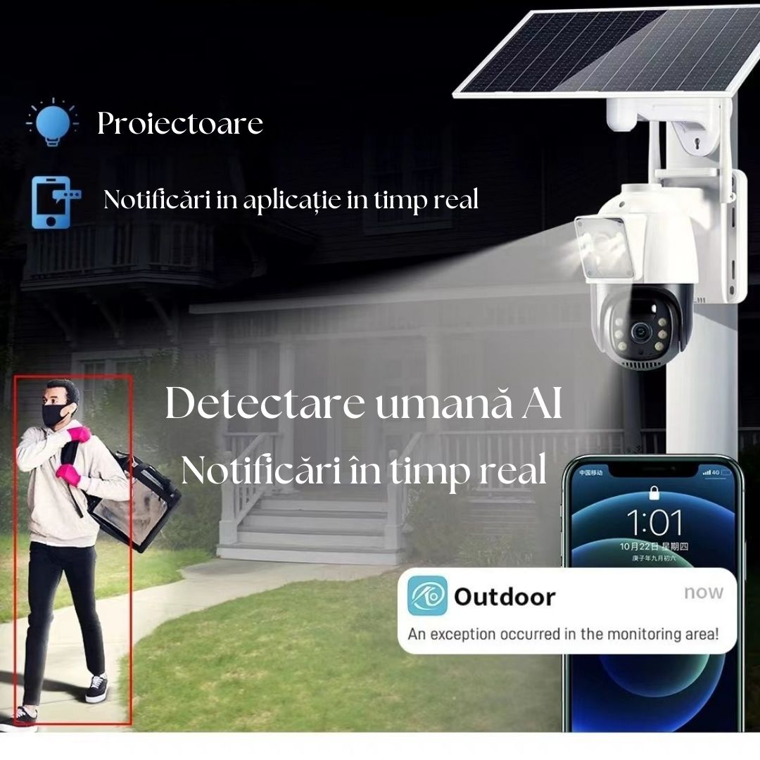 Cameră Smart 4G LTE cu Panou Solar, Night Vision 4K, PTZ 355°, Senzor PIR Detectare Umană, Microfon și Difuzor Bidirecționale, IP66, Stocare MicroSD 128GB
