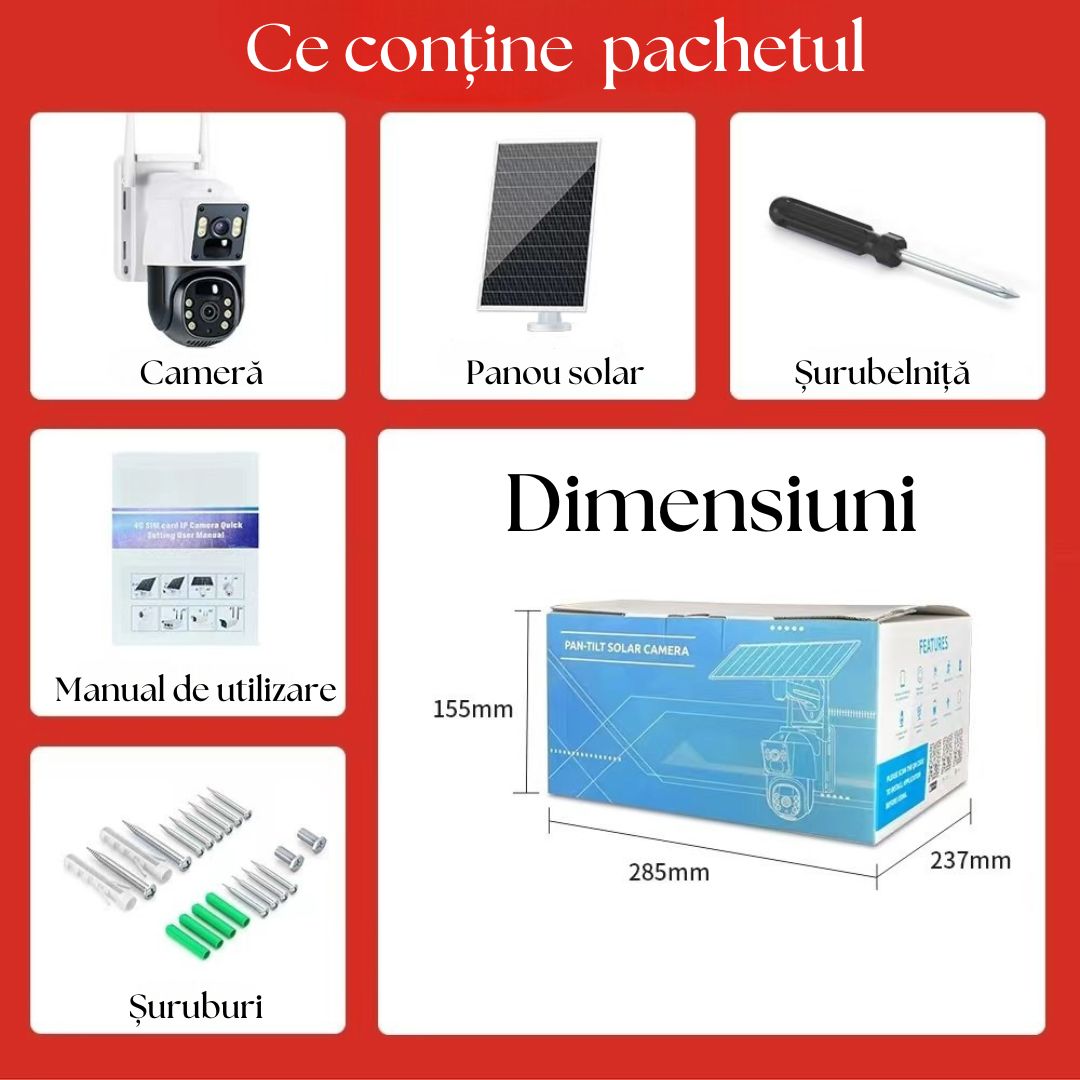 Cameră Smart 4G LTE cu Panou Solar, Night Vision 4K, PTZ 355°, Senzor PIR Detectare Umană, Microfon și Difuzor Bidirecționale, IP66, Stocare MicroSD 128GB