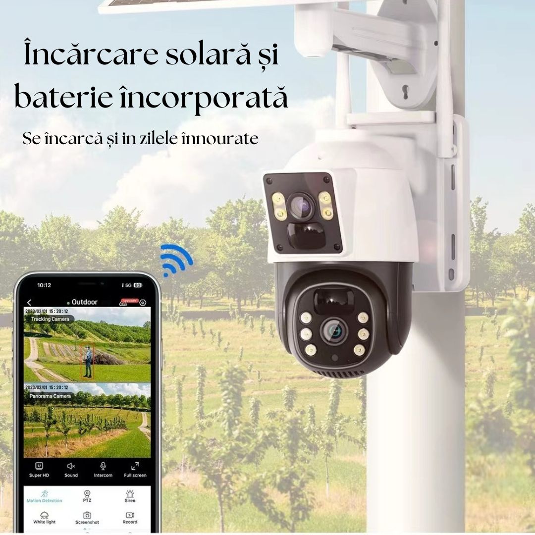 Cameră Smart 4G LTE cu Panou Solar, Night Vision 4K, PTZ 355°, Senzor PIR Detectare Umană, Microfon și Difuzor Bidirecționale, IP66, Stocare MicroSD 128GB