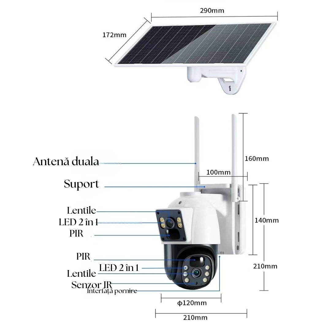 Cameră Smart 4G LTE cu Panou Solar, Night Vision 4K, PTZ 355°, Senzor PIR Detectare Umană, Microfon și Difuzor Bidirecționale, IP66, Stocare MicroSD 128GB