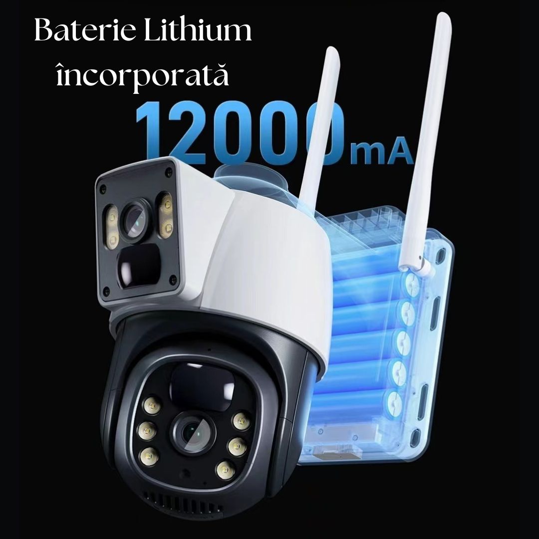 Cameră Smart 4G LTE cu Panou Solar, Night Vision 4K, PTZ 355°, Senzor PIR Detectare Umană, Microfon și Difuzor Bidirecționale, IP66, Stocare MicroSD 128GB