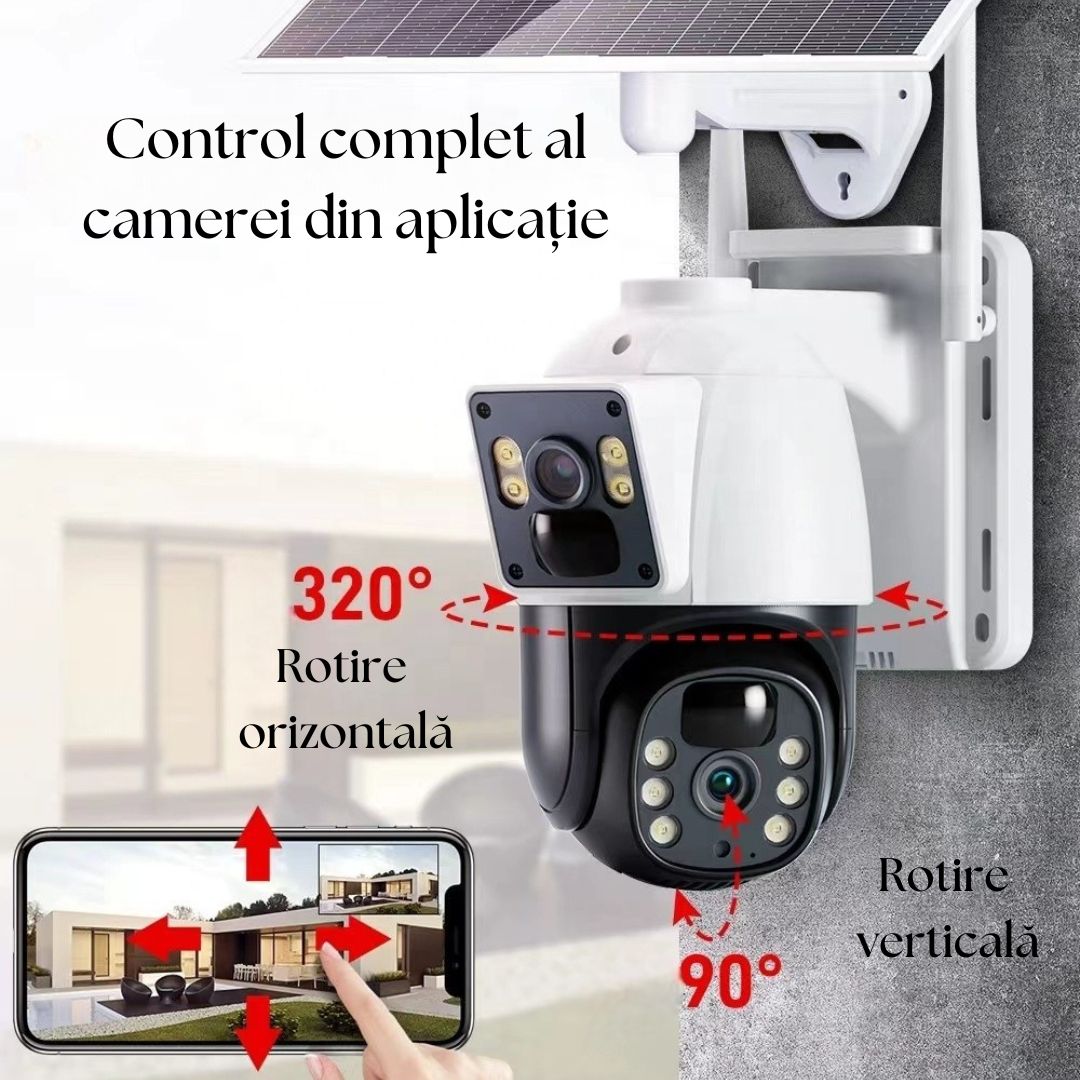 Cameră Smart 4G LTE cu Panou Solar, Night Vision 4K, PTZ 355°, Senzor PIR Detectare Umană, Microfon și Difuzor Bidirecționale, IP66, Stocare MicroSD 128GB
