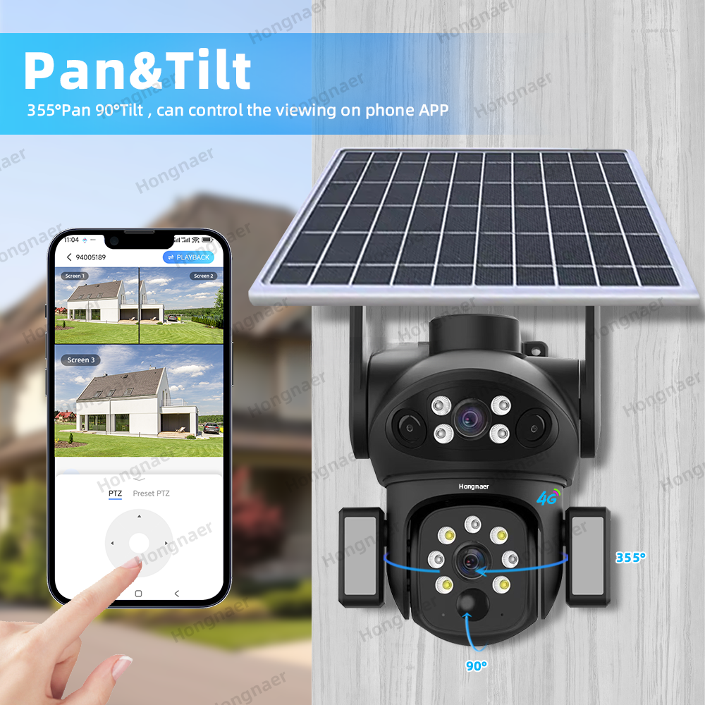 Cameră de supraveghere solară wireless Hongnaer 8MP, 3 video, obiectiv dual, V380 Pro 4K, pentru exterior, cu cartelă SIM 4G, CCTV solar pentru securitate