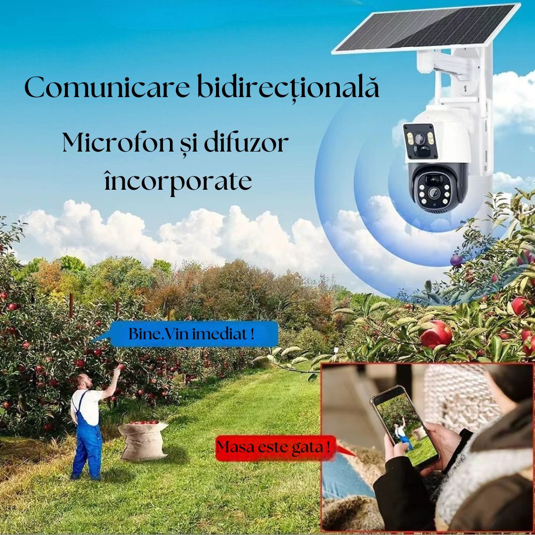 Cameră Smart 4G LTE cu Panou Solar, Night Vision 4K, PTZ 355°, Senzor PIR Detectare Umană, Microfon și Difuzor Bidirecționale, IP66, Stocare MicroSD 128GB