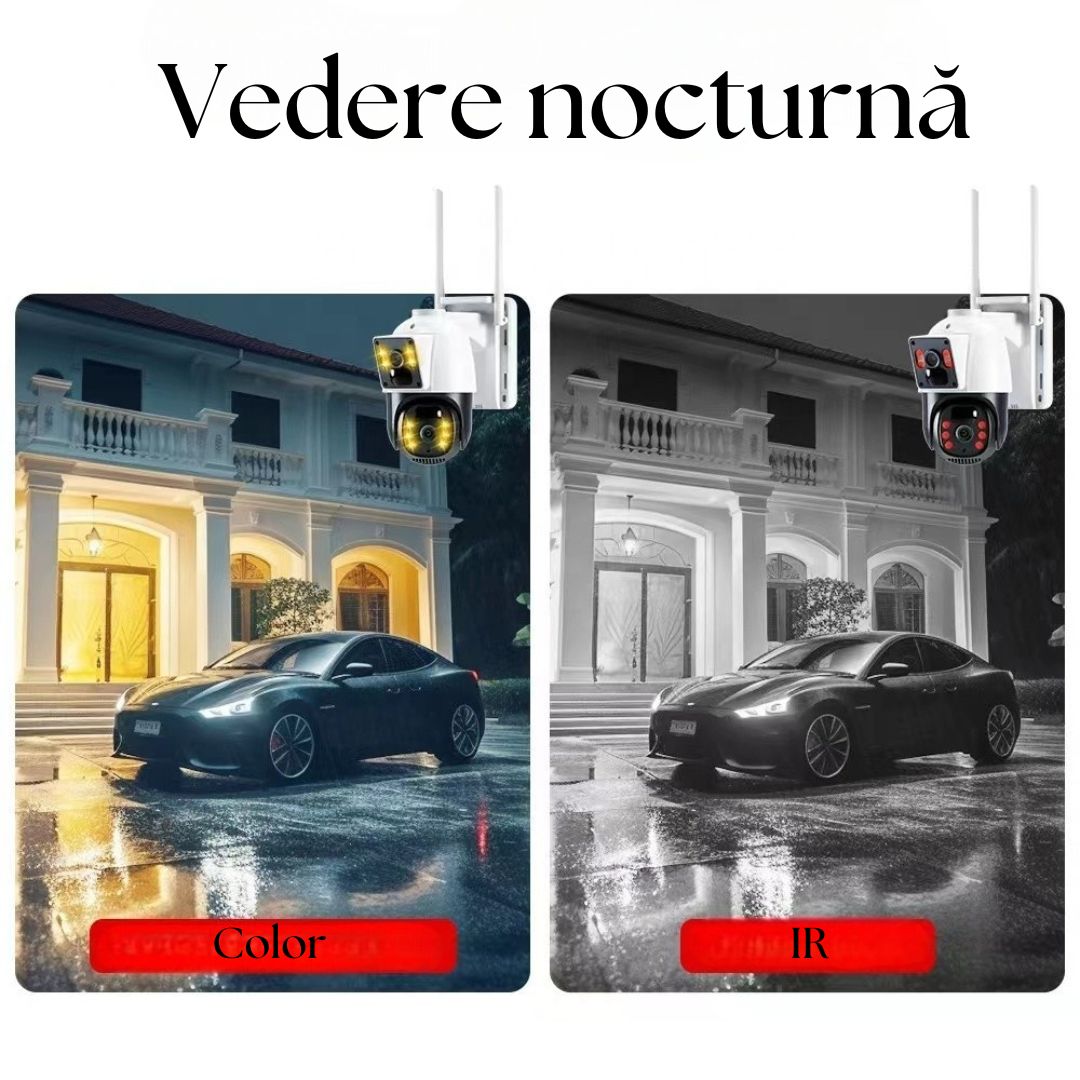 Cameră Smart 4G LTE cu Panou Solar, Night Vision 4K, PTZ 355°, Senzor PIR Detectare Umană, Microfon și Difuzor Bidirecționale, IP66, Stocare MicroSD 128GB