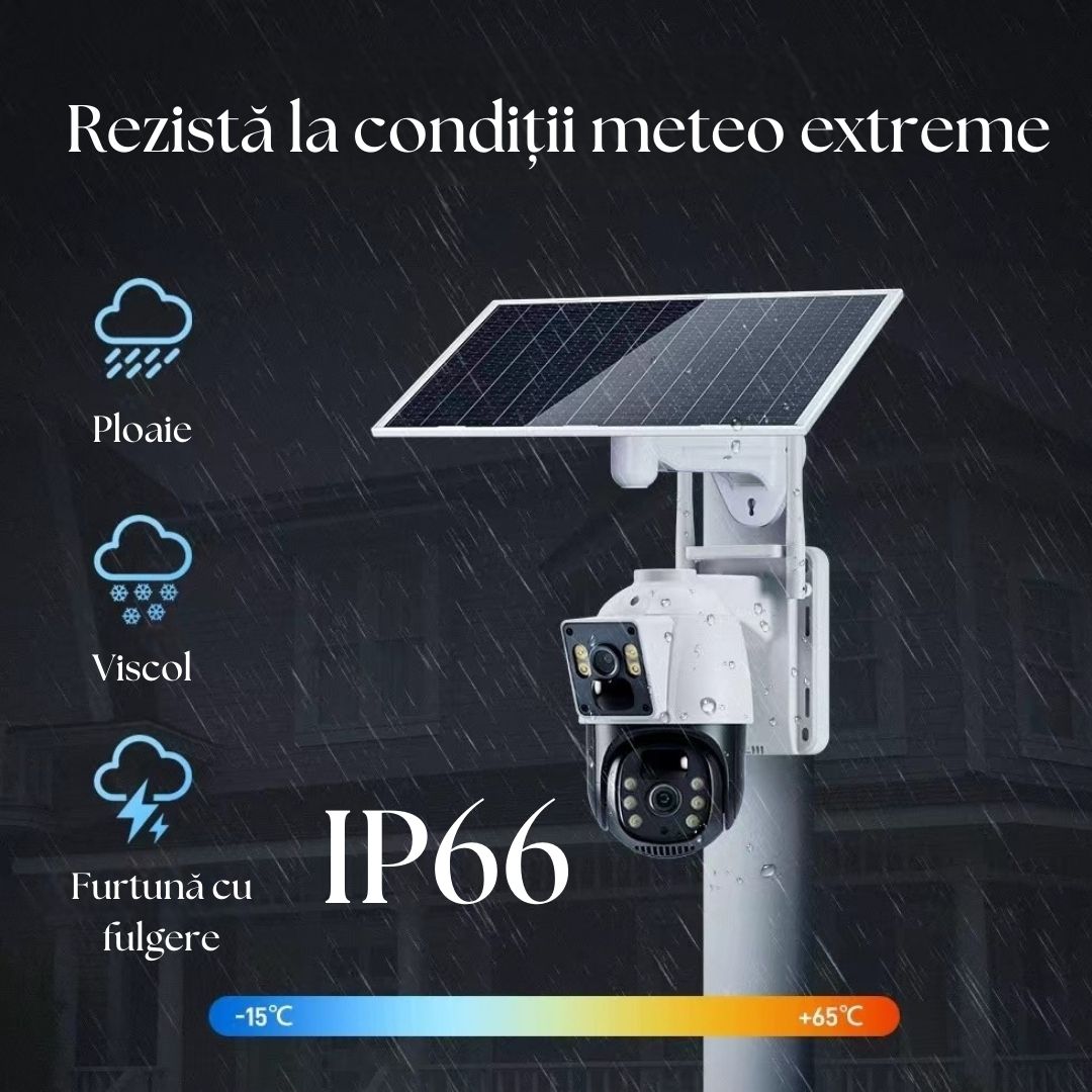Cameră Smart 4G LTE cu Panou Solar, Night Vision 4K, PTZ 355°, Senzor PIR Detectare Umană, Microfon și Difuzor Bidirecționale, IP66, Stocare MicroSD 128GB