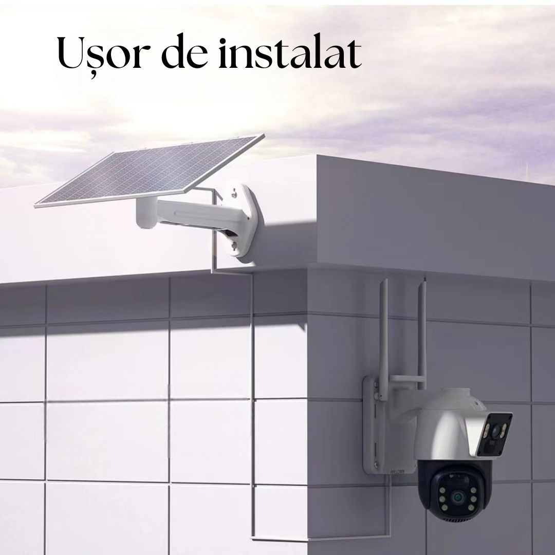 Cameră Smart 4G LTE cu Panou Solar, Night Vision 4K, PTZ 355°, Senzor PIR Detectare Umană, Microfon și Difuzor Bidirecționale, IP66, Stocare MicroSD 128GB