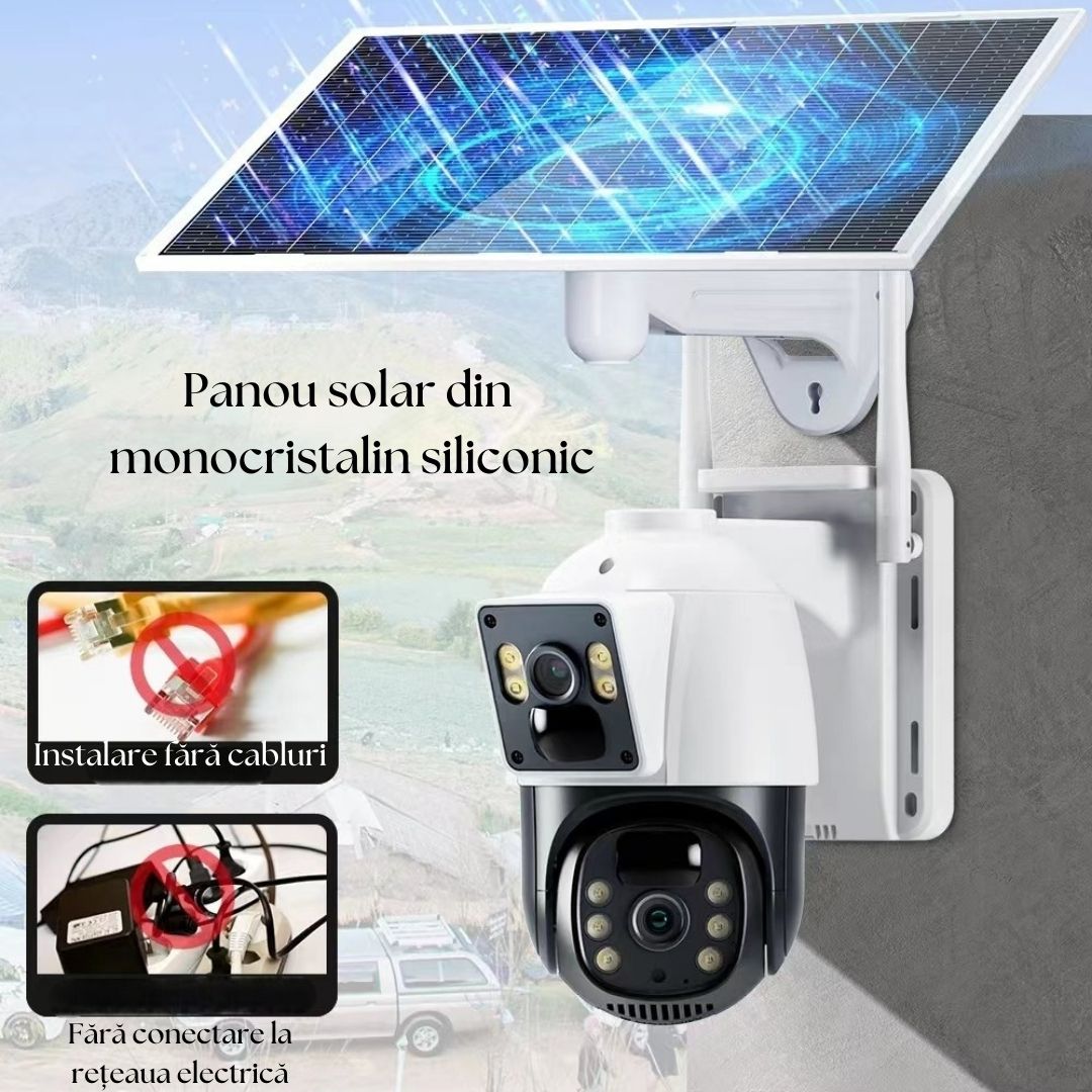 Cameră Smart 4G LTE cu Panou Solar, Night Vision 4K, PTZ 355°, Senzor PIR Detectare Umană, Microfon și Difuzor Bidirecționale, IP66, Stocare MicroSD 128GB