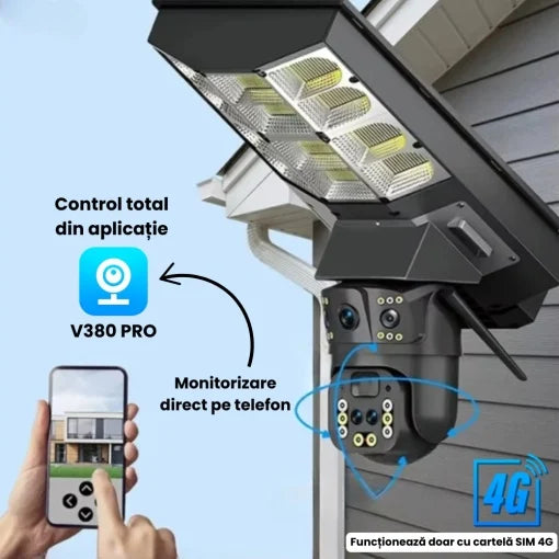 Lampă Solară cu Cameră de Supraveghere SIM 4G, Aplicatie Mobila V380, 1920x2160, Microfon + Difuzor încorporat