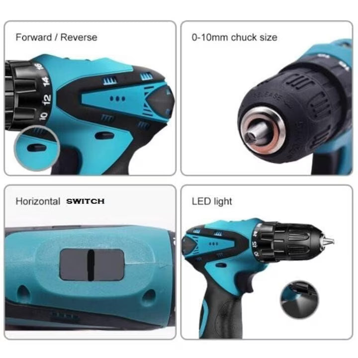 Trusa cu surubelnita electrica fara fir, cu 2 acumulatori, 36V, cu 24 de accesorii incluse, 2 viteze, albastru