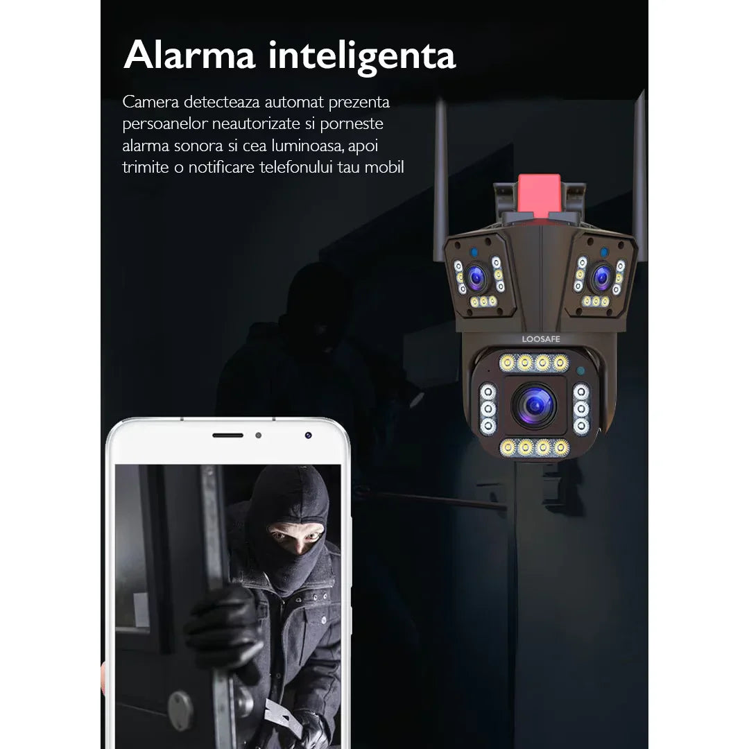 Camera de Supraveghere GRI Tripla WIFI, 12MP, Exterior/Interior, Ultra HD, 10X zoom