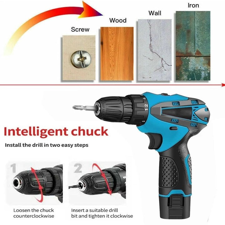 Trusa cu surubelnita electrica fara fir, cu 2 acumulatori, 36V, cu 24 de accesorii incluse, 2 viteze, albastru