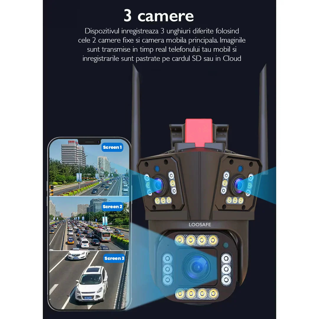 Camera de Supraveghere GRI Tripla WIFI, 12MP, Exterior/Interior, Ultra HD, 10X zoom