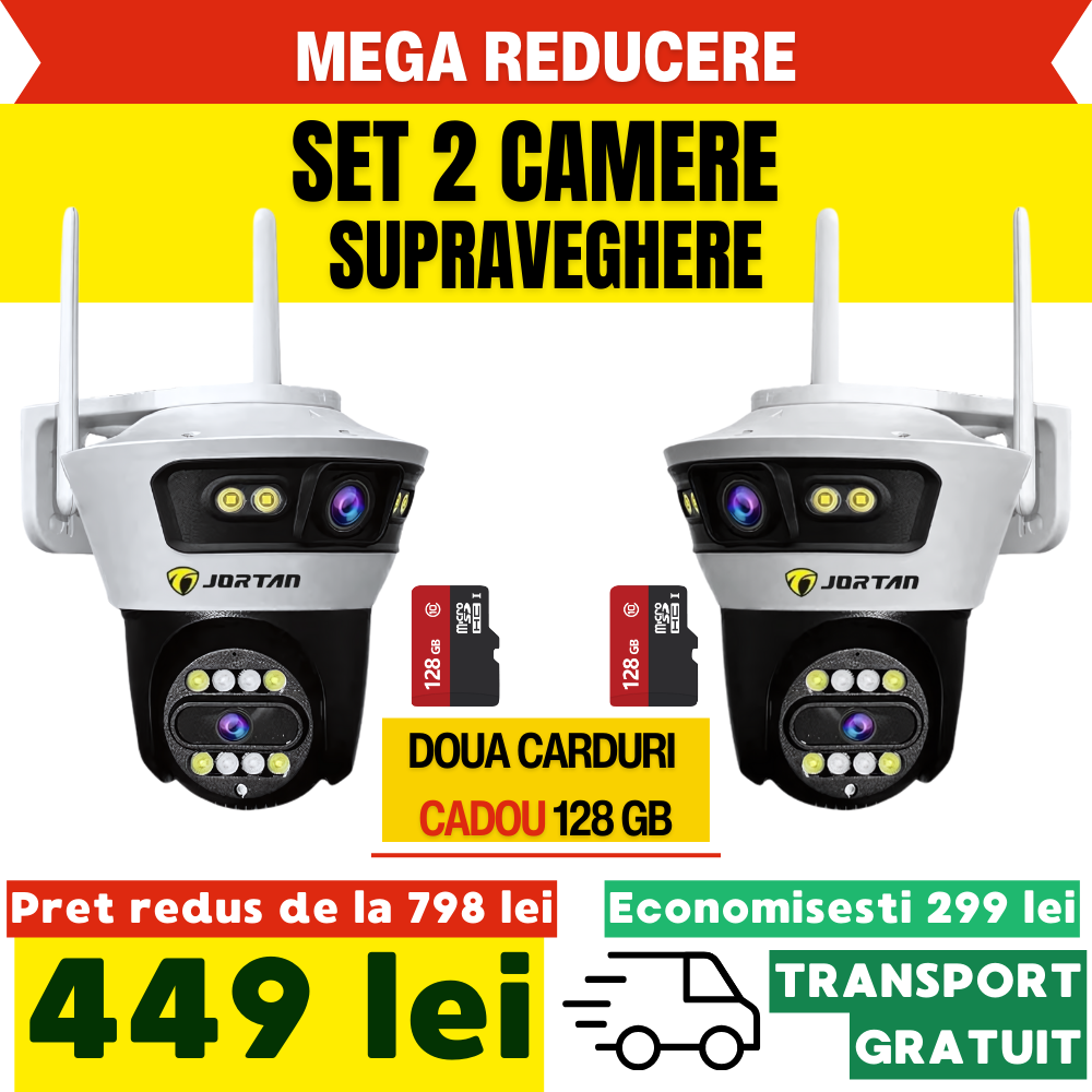 Pachet 2 x Camera Supraveghere Dubla Jortan, 2 Lentile, Fixa si Mobila 3+3MP, 2 x CARD CADOU 128GB