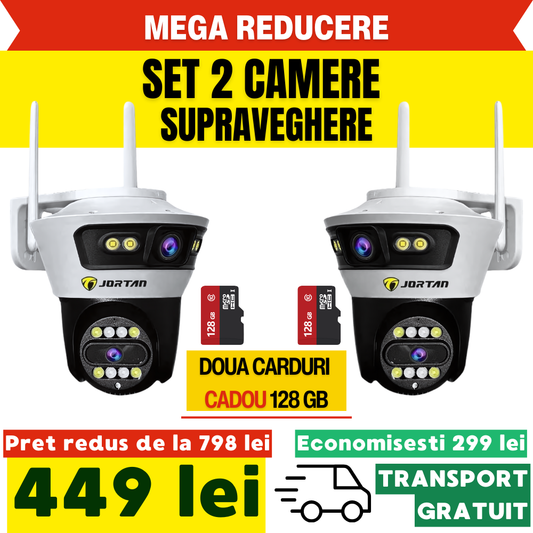 Pachet 2 x Camera Supraveghere Dubla Jortan, 2 Lentile, Fixa si Mobila 3+3MP, 2 x CARD CADOU 128GB