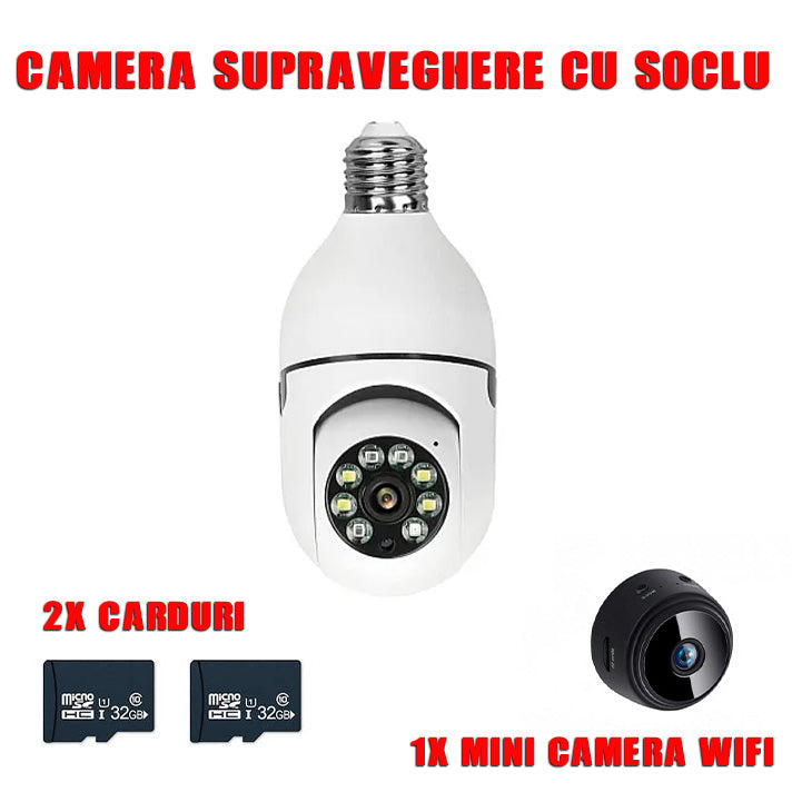 ! Pachet Promo 1 x Camera de Supraveghere tip Bec Cu Soclu 8177, Vedere pe Noapte, Sezori de miscare, Alarma, 1080P + MINICAMERA CADOU, CARDURI DE MEMORIE INCLUSE