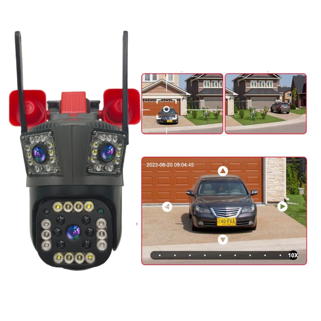 Camera de Supraveghere Tripla CU ALARMA!  WIFI, 12MP, Exterior/Interior, Ultra HD