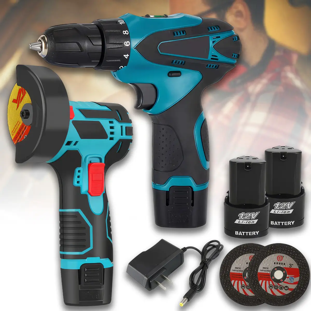 Set Polizor unghiular & Mașină de găurit cu impact 48V cu 2 baterii + 5 discuri cadou