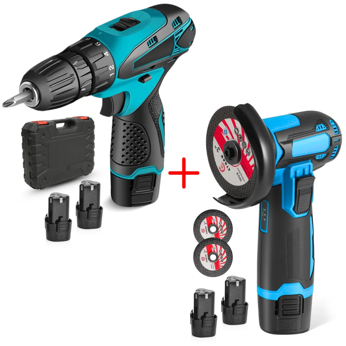 Set Polizor unghiular & Mașină de găurit cu impact 48V cu 2 baterii + 5 discuri cadou