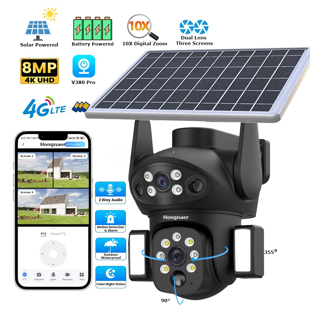 Cameră de supraveghere solară wireless Hongnaer 8MP, 3 video, obiectiv dual, V380 Pro 4K, pentru exterior, cu cartelă SIM 4G, CCTV solar pentru securitate