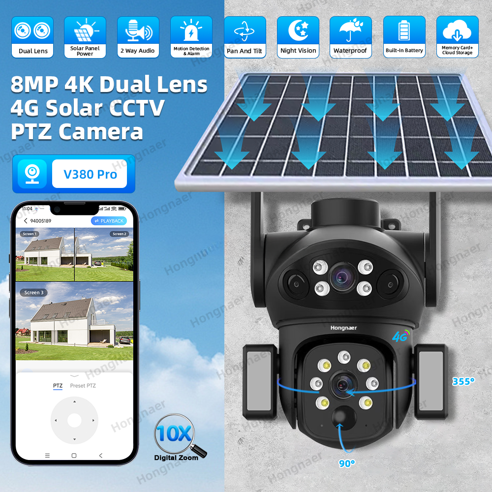 Cameră de supraveghere solară wireless Hongnaer 8MP, 3 video, obiectiv dual, V380 Pro 4K, pentru exterior, cu cartelă SIM 4G, CCTV solar pentru securitate