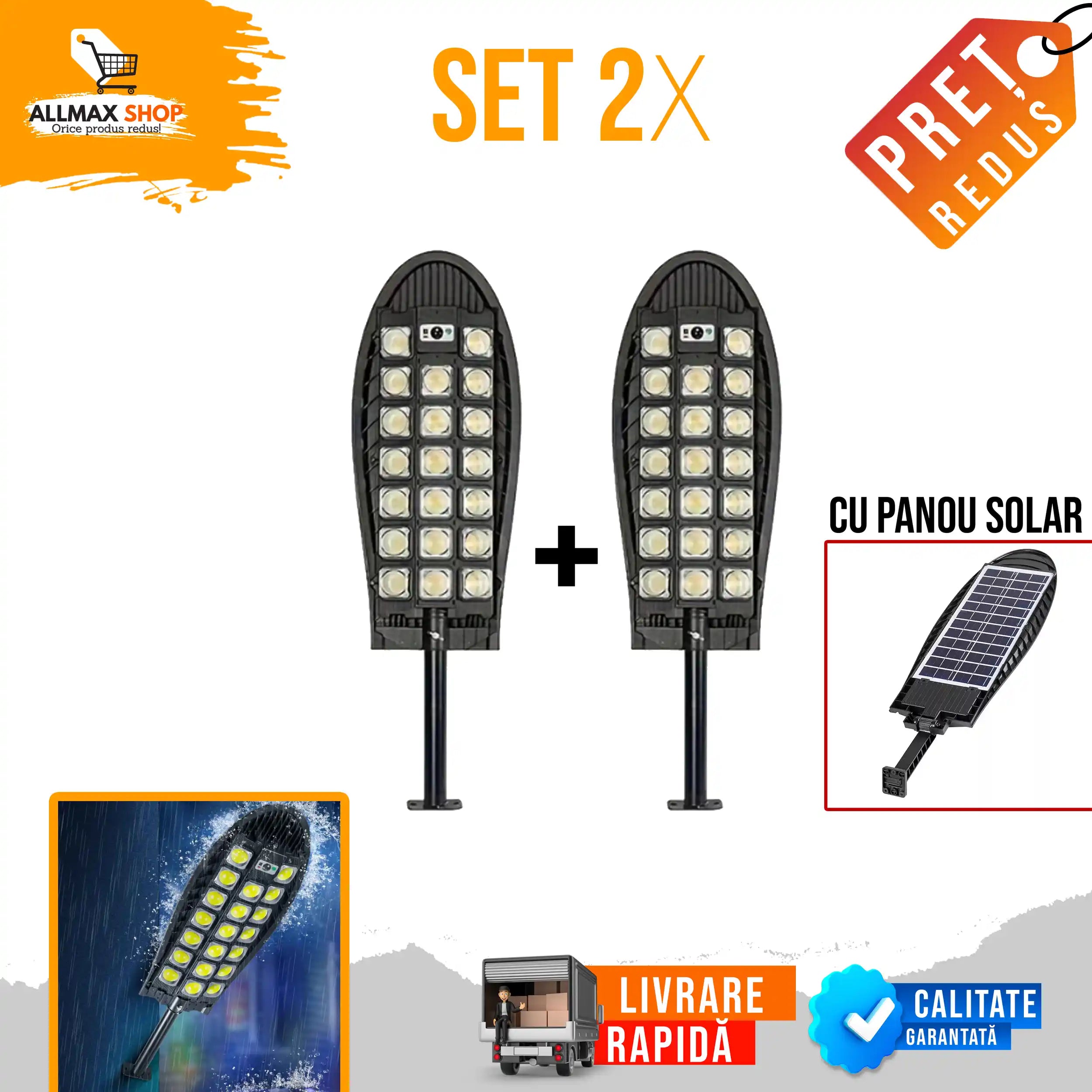 PACHET 1+1 GRATIS! Lampa solară stradală 3300W Ovala - Picior metalic