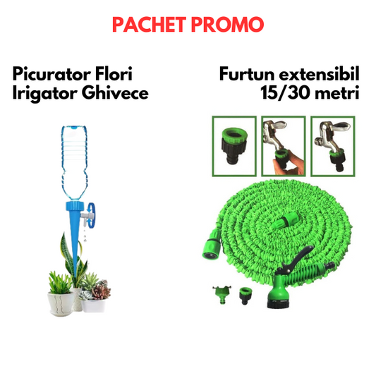 Azi la oferta! Furtun extensibil pentru gradina, lungime 15/30 m, aparat de udat inclus + Picurator Flori - Irigator Ghivece