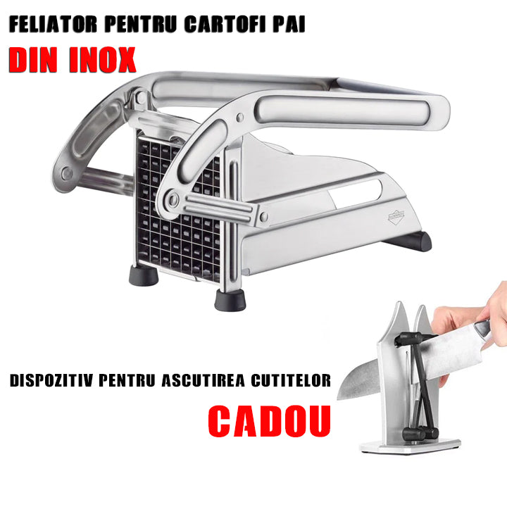 PACHET  Feliator de cartofi pai cu doua cutite interschimbabile + Dispozitiv ascutit cutite