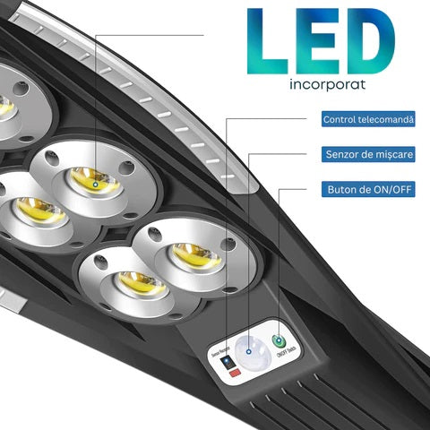 Lampa Solara Stradala cu Telecomanda, 208 LED 8 COB, cu Senzori de Amurg, Miscare si Lumina, IP65 Wateproof, 3 Moduri Functionare, Brat de Montare Inclus, Negru