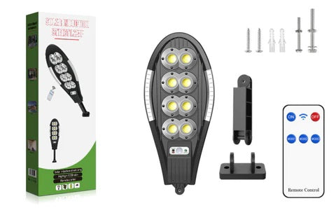 Lampa Solara Stradala cu Telecomanda, 208 LED 8 COB, cu Senzori de Amurg, Miscare si Lumina, IP65 Wateproof, 3 Moduri Functionare, Brat de Montare Inclus, Negru