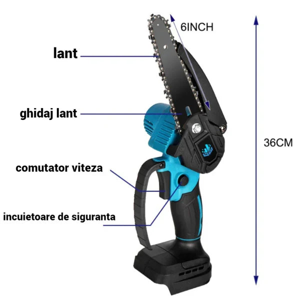 Mini Drujba Electrica, Lama de 15 cm, 2 Acumulatori de 21 V, pentru Crengi si Livada