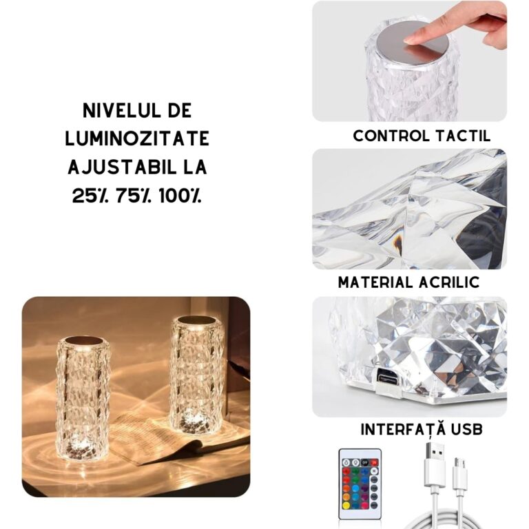 Lampa ambientala, Crystal LED, Touch Control, Iluminare Diamond, Incarcare USB