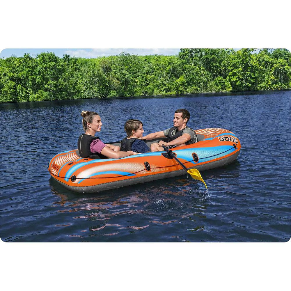 Barca gonflabila Bestway, fabricata din PVC, 3 camere de aer, doi adulti si un copil, 2 vasle din plastic, sarcina maxima 200 kg, pompa cu piston inclusa, 246 x 122 cm