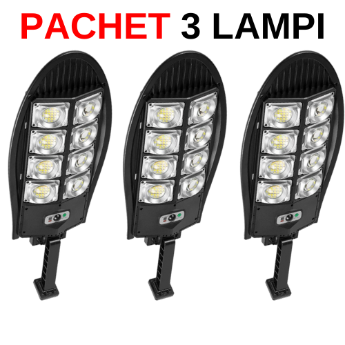 PACHET 3 x Lampa solara STRADALA, 1300W, 400 LED-uri, Negru