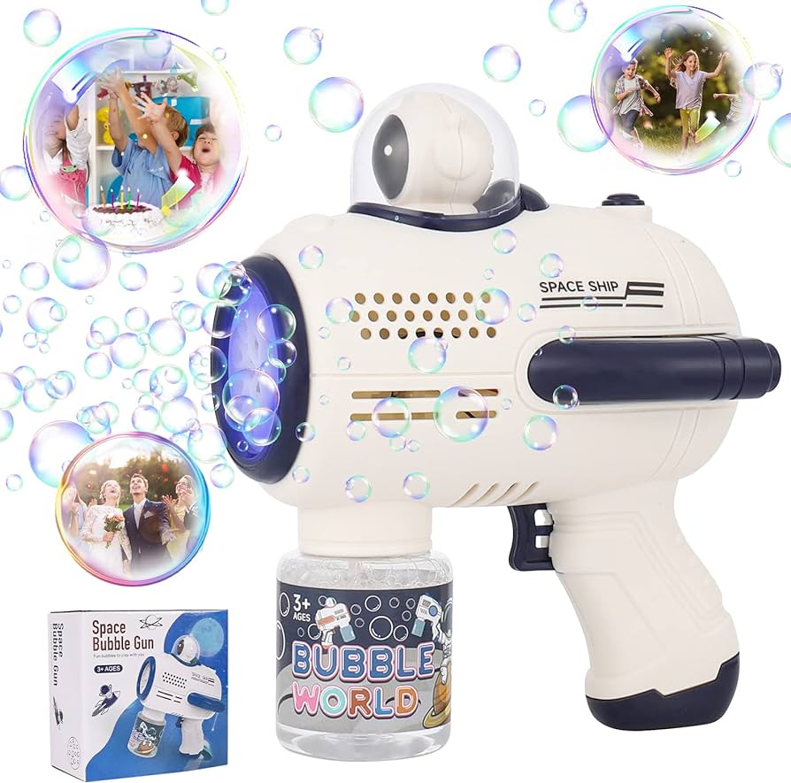 Jucarie interactiva Pistol de facut baloane de sapun, Bubble Machine, cu luminite, alimentare cu baterii