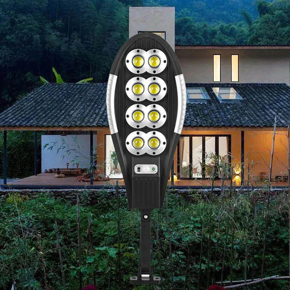 PACHET 2x Lampa Solara Stradala cu Telecomanda, 208 LED 8 COB, cu Senzori de Amurg, Miscare si Lumina, IP65 Wateproof, 3 Moduri Functionare, Brat de Montare Inclus, Negru