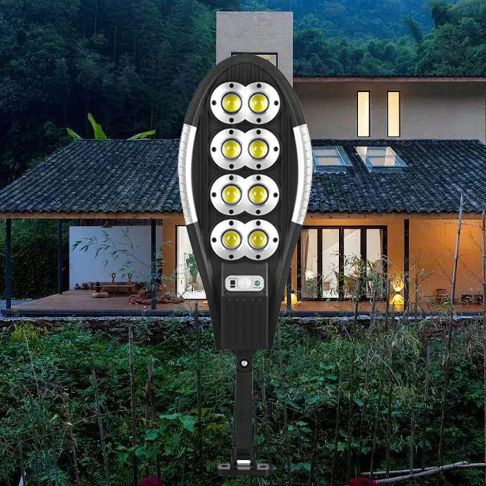 Lampa Solara Stradala cu Telecomanda, 208 LED 8 COB, cu Senzori de Amurg, Miscare si Lumina, IP65 Wateproof, 3 Moduri Functionare, Brat de Montare Inclus, Negru