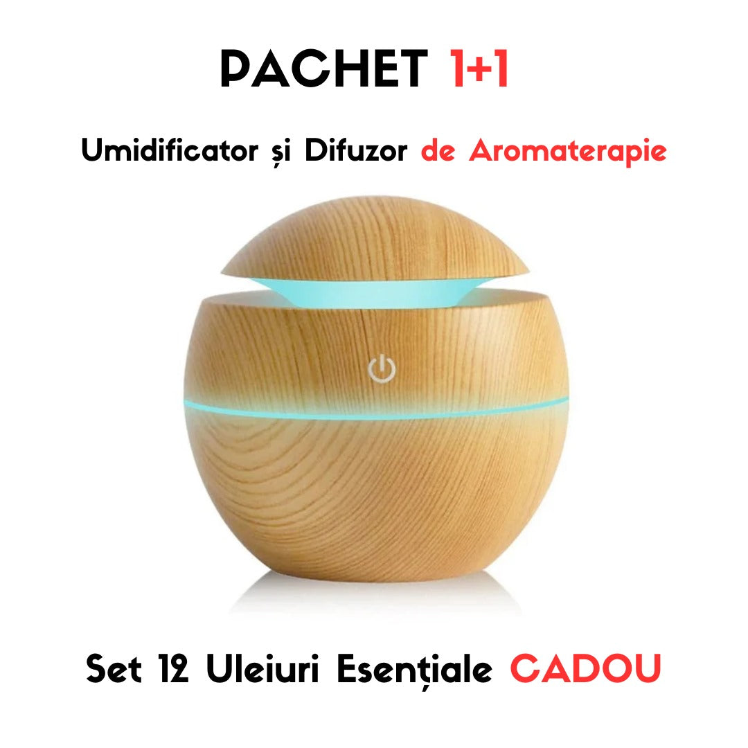 Set 2 X  Umidificator Si Difuzor De Aromaterapie, Culori Ambientale, Capacitate 230ML+CADOU 12 Uleiuri Esentiale Pentru Aromaterepie