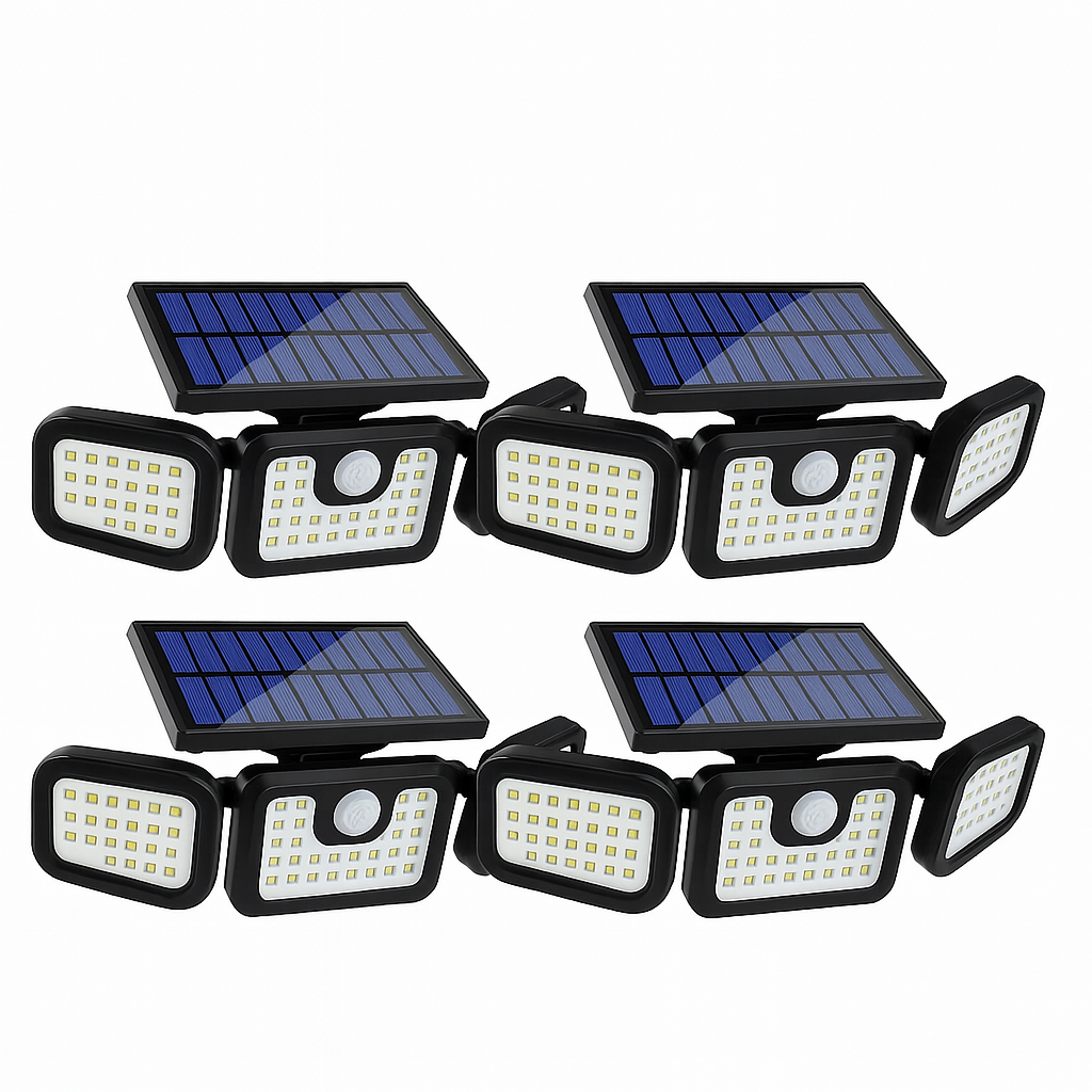 Set 4 x PROIECTOR TRIPLU cu incarcare Solara Senzor de Miscare Prindere pe Perete
