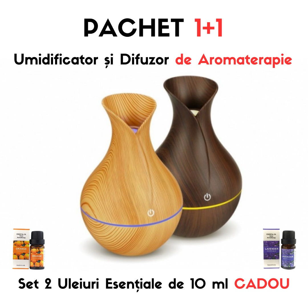 !!!PACHET 2 X  Umidificator Si Difuzor De Aromaterapie, Culori Ambientale, Capacitate 230ML+CADOU 2 Uleiuri Esentiale Pentru Aromaterepie