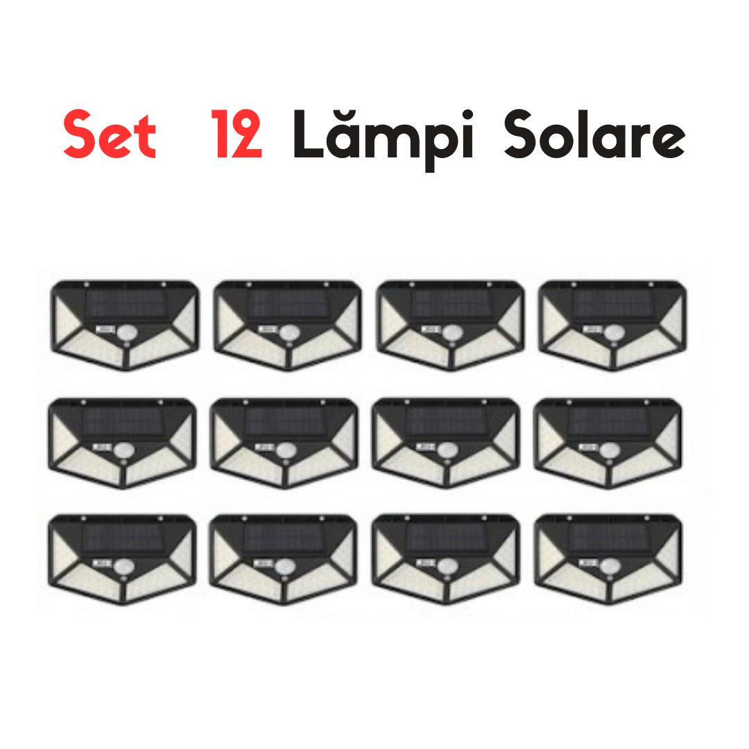 Set 12 x Lampa cu Incarcare Solara , Senzor de Miscare, 3 Moduri de Iluminare, 100 LED, Prindere pe Peret