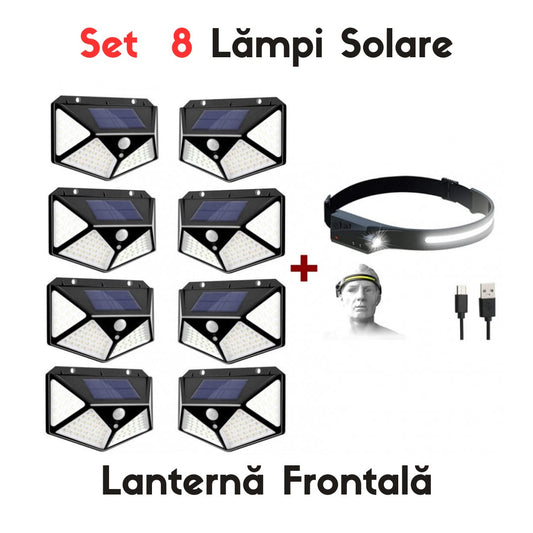 Set 8 x Lampa cu Incarcare Solara , Senzor de Miscare, 3 Moduri de Iluminare, 100 LED, Prindere pe Perete + LANTERNA FRONTALA