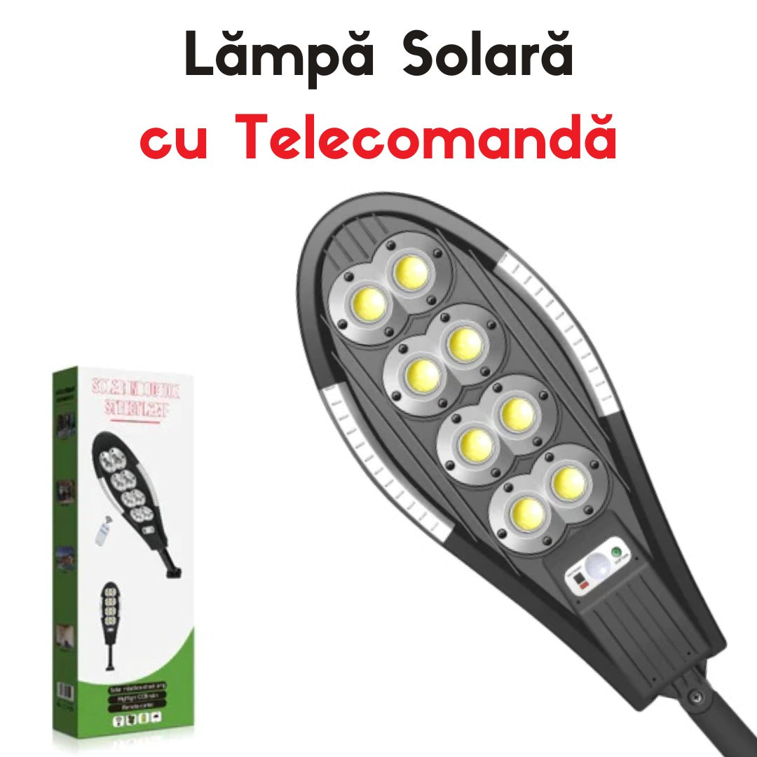 Lampa Solara Stradala cu Telecomanda, 208 LED 8 COB, cu Senzori de Amurg, Miscare si Lumina, IP65 Wateproof, 3 Moduri Functionare, Brat de Montare Inclus, Negru