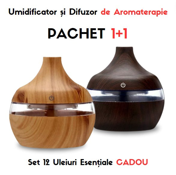 PACHET 2 X  Umidificator Si Difuzor De Aromaterapie, Culori Ambientale, Capacitate 230ML+CADOU 12 Uleiuri Esentiale Pentru Aromaterepie