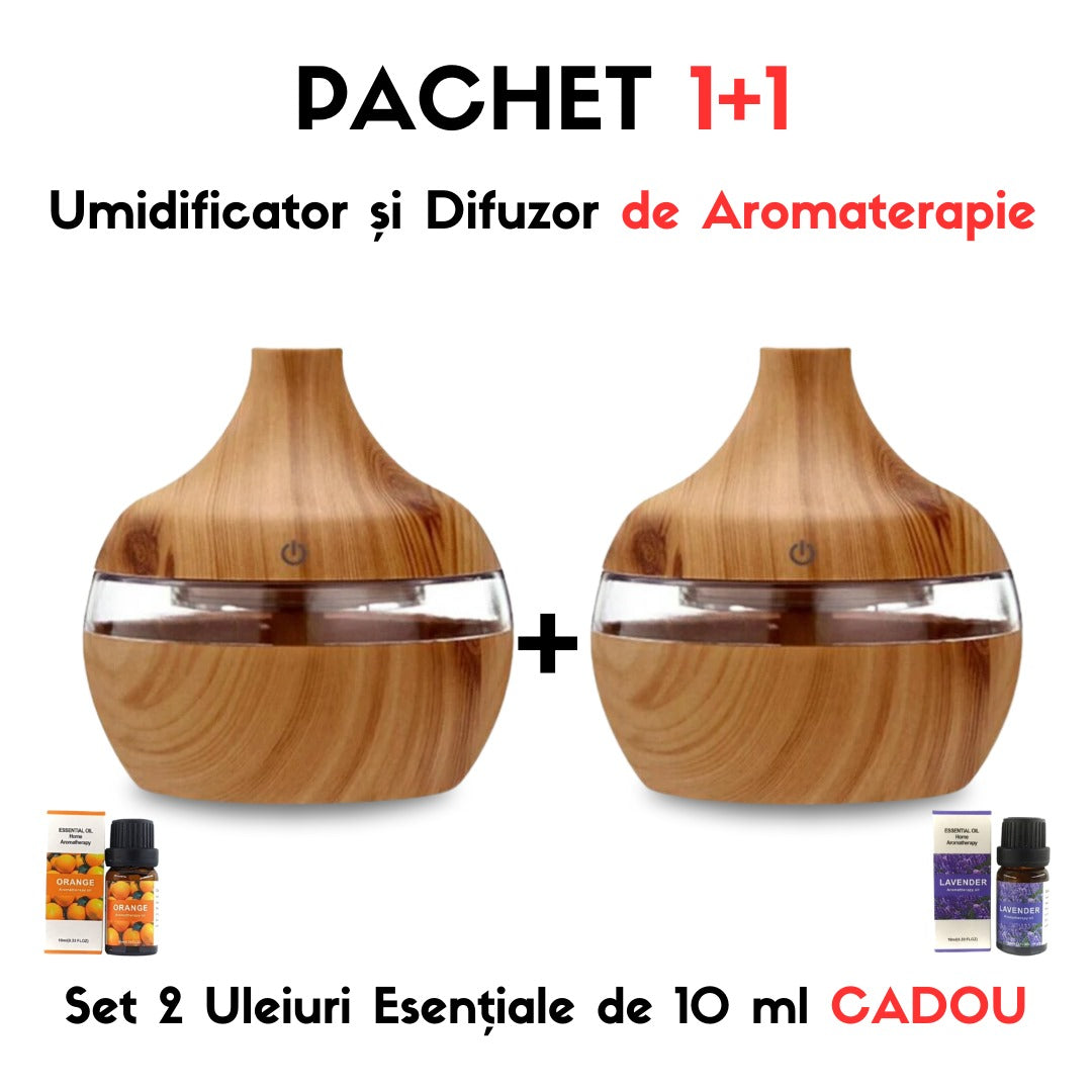 PACHET 2 X  Umidificator Si Difuzor De Aromaterapie, Culori Ambientale, Capacitate 230ML+CADOU 2 Uleiuri Esentiale 10ML Pentru Aromaterepie