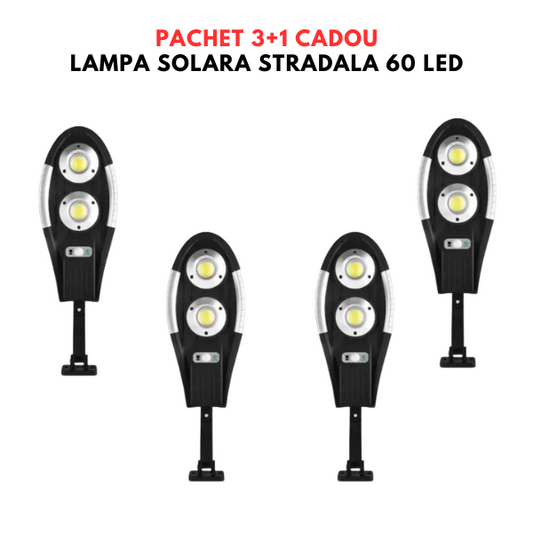 Pachet 3+1 CADOU - Lampa Solara stradala 60 LED-uri, 3 moduri de functionare, cu telecomanda