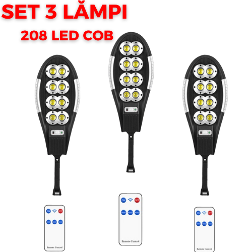 PACHET 3x Lampa Solara Stradala cu Telecomanda, 208 LED 8 COB, cu Senzori de NOAPTE, Miscare si Lumina, IP65 Wateproof, 3 Moduri Functionare, Brat de Montare Inclus, Negru