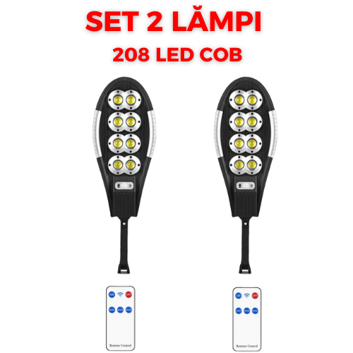 PACHET 2x Lampa Solara Stradala cu Telecomanda, 208 LED 8 COB, cu Senzori de Amurg, Miscare si Lumina, IP65 Wateproof, 3 Moduri Functionare, Brat de Montare Inclus, Negru