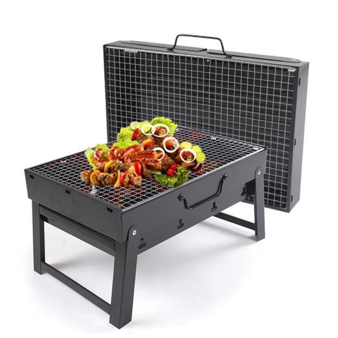 Grătar portabil și pliabil pentru cărbuni – din inox, compact, ideal pentru camping și picnic