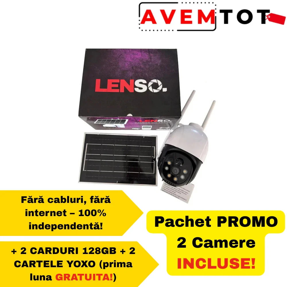 PACHET X 2 Camera Supraveghere LENSO Solara Cartela SIM 5 MP + CARD 128 GB